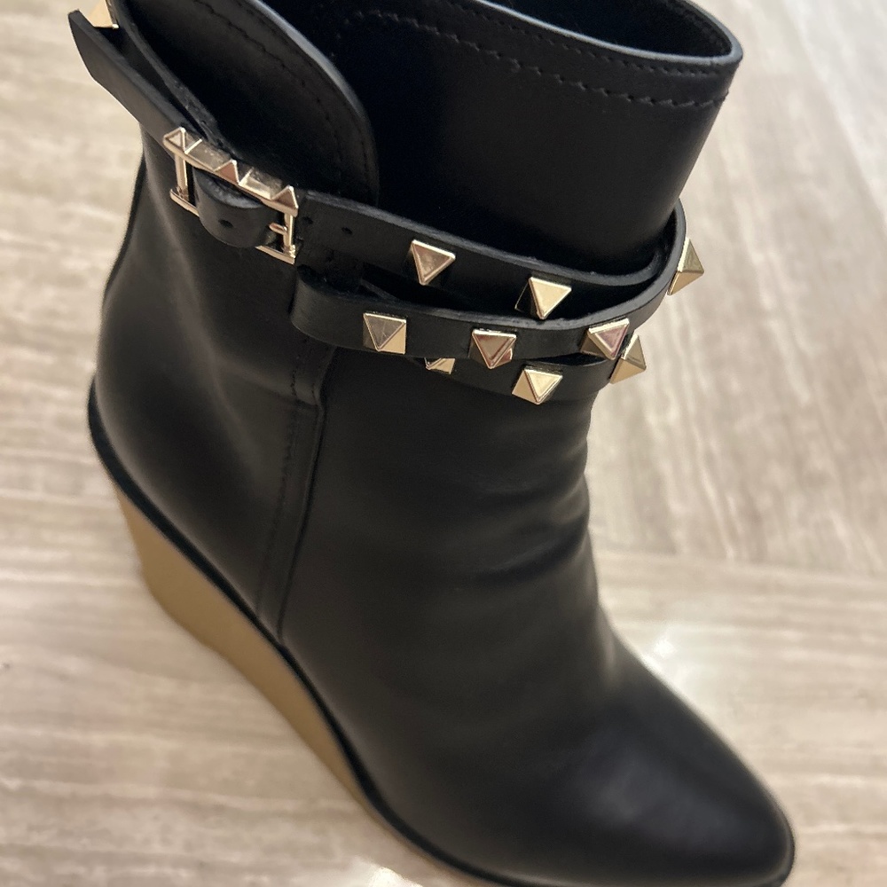 Valentino Rockstud Studded Ankle Wrap Black Leather Rubber Wedge Ankle Boots
